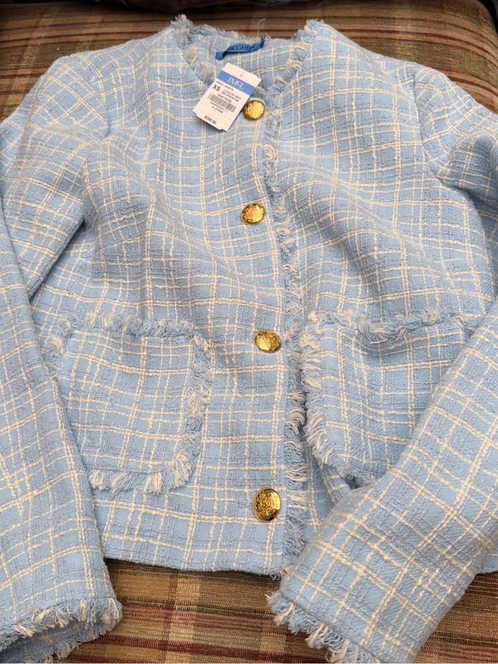 Bouclé Light Blue Tweed Blazer with Gold Buttons